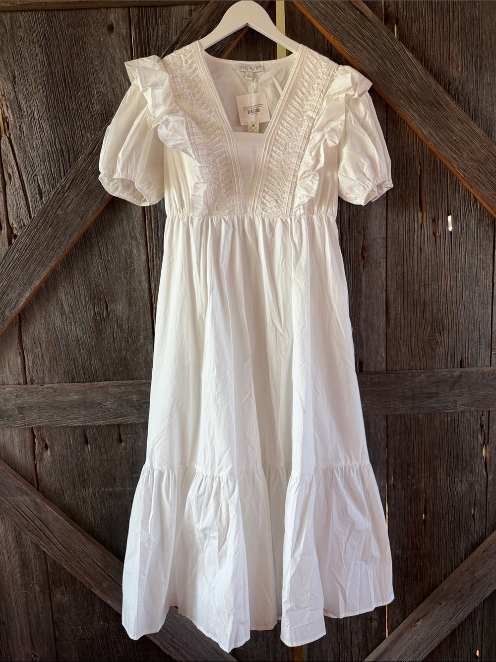 She + Sky White Ruffled Puff-Sleeve Midi Dress